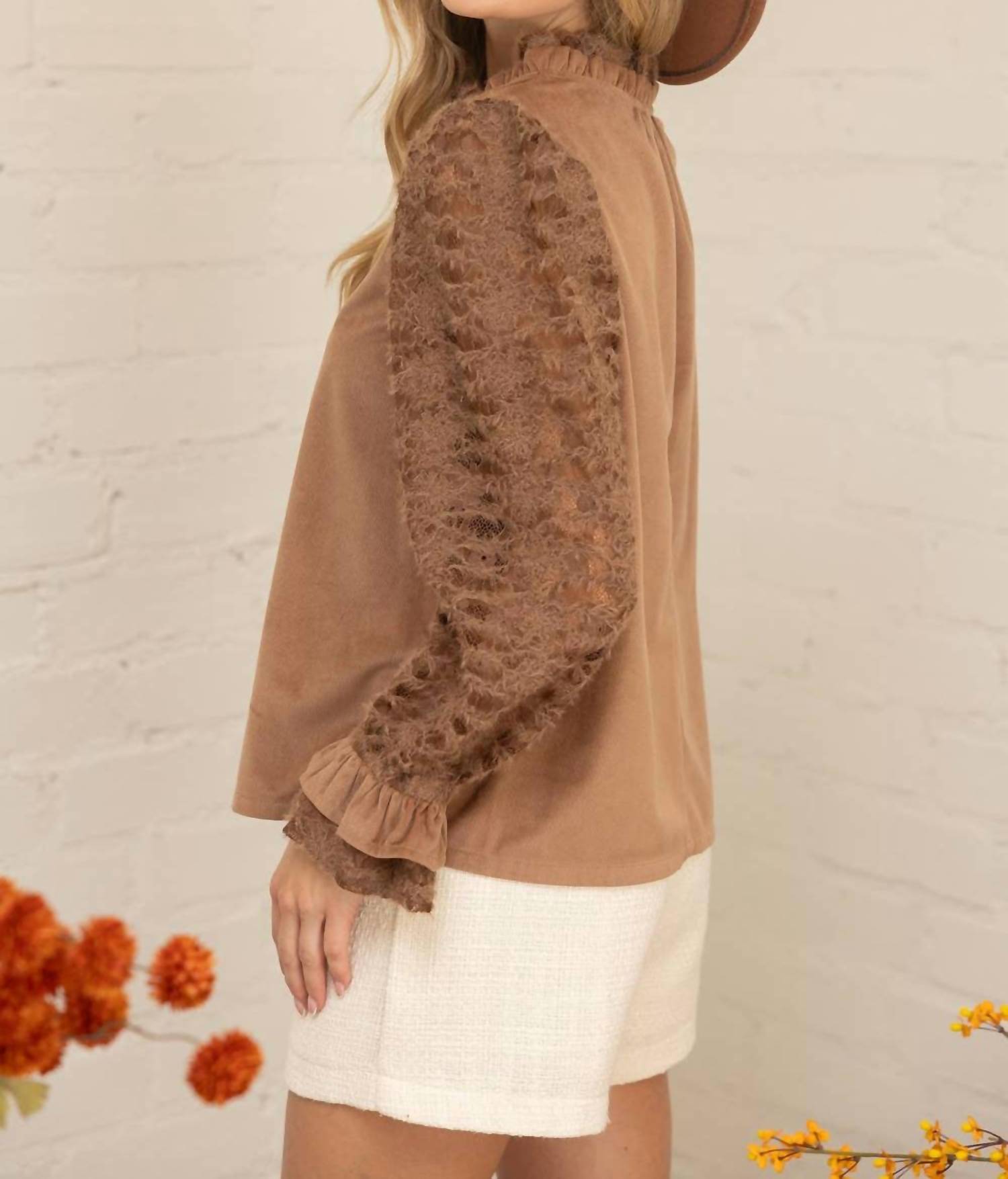Voy - Fuzzy Lace Long Sleeve Ruffle Detailed Corduroy Top