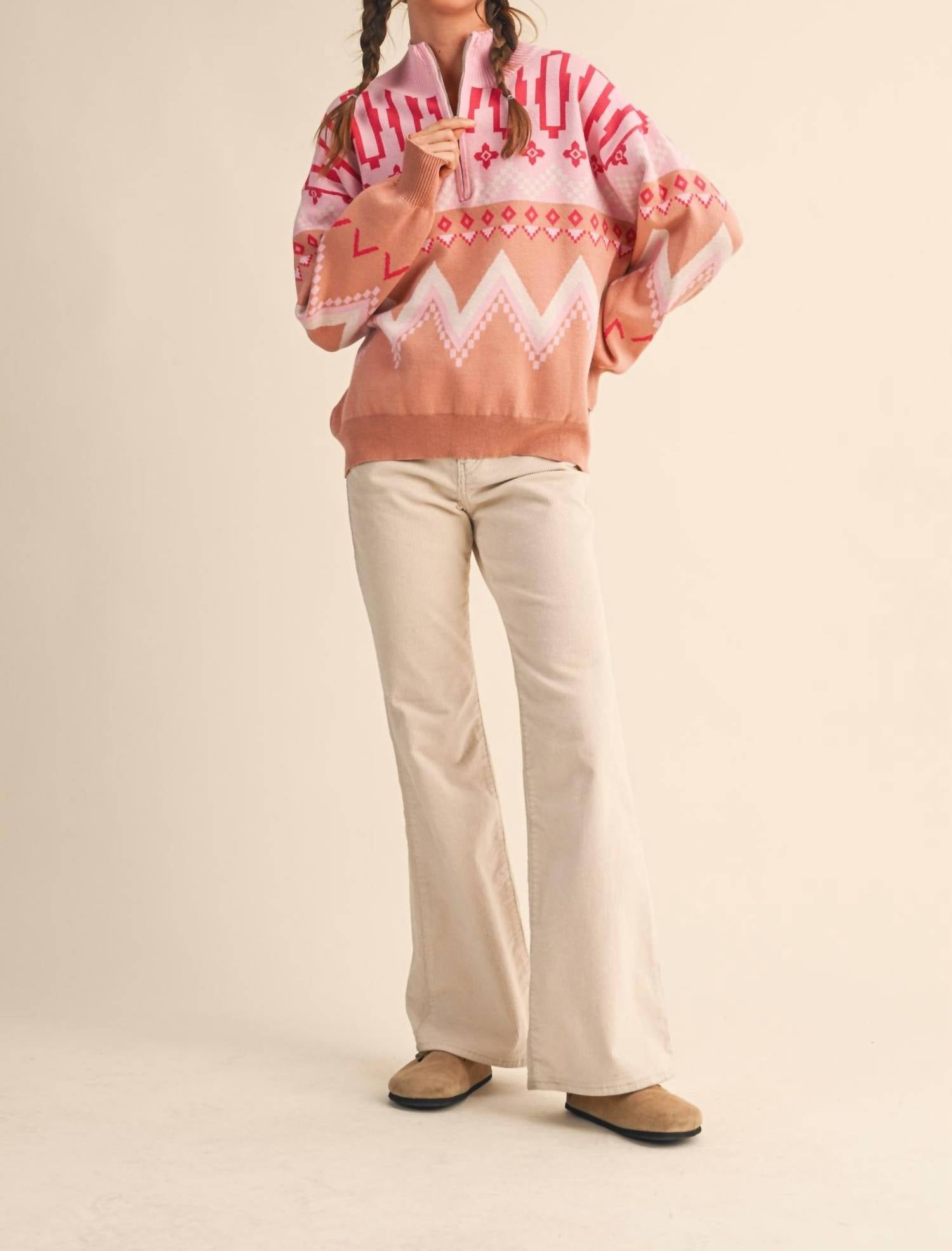 &Merci - Geometric Knit Half Zip Pullover