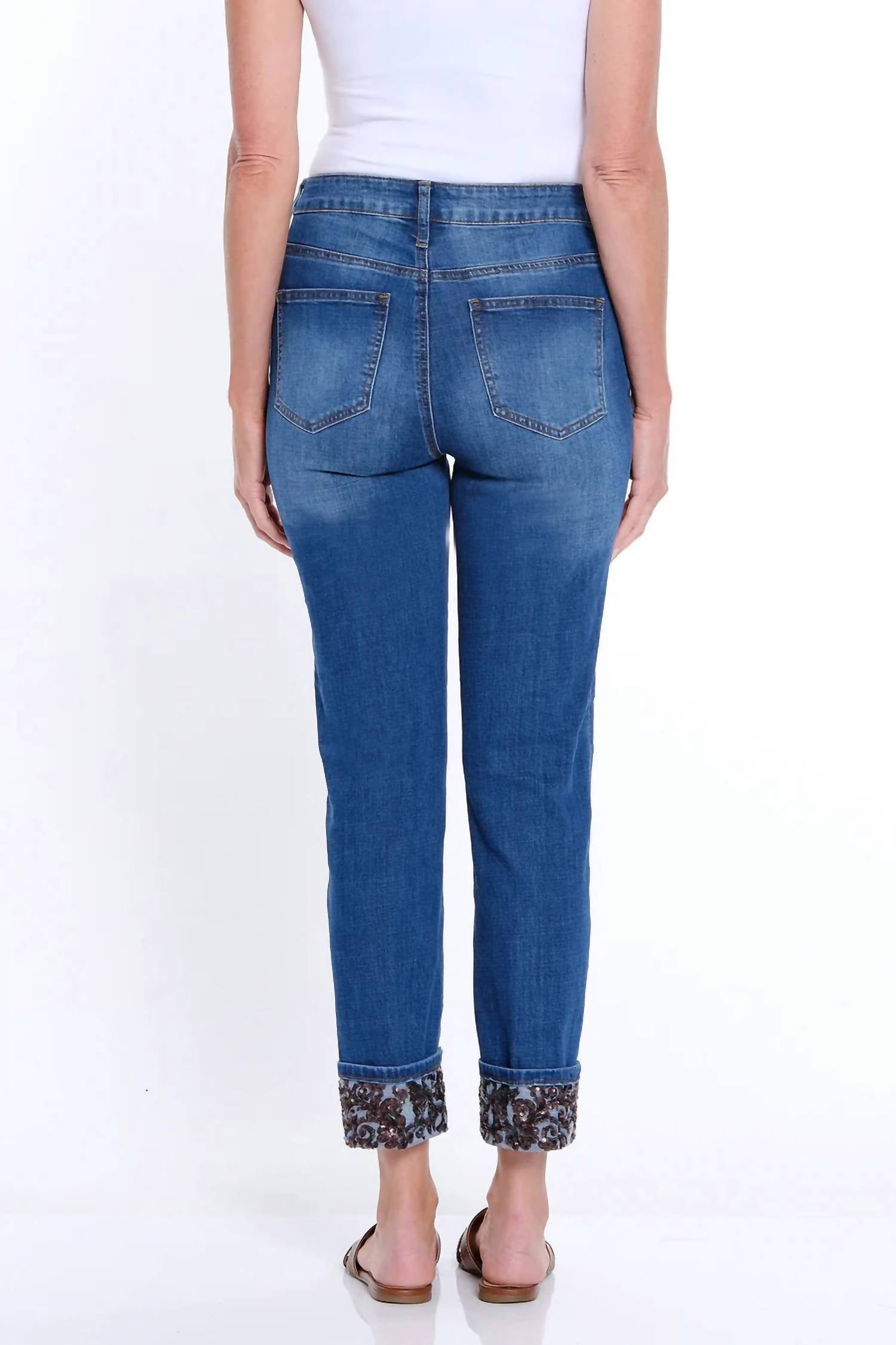 Multiples Sequin Trim Cuffed Ankle Length Jean in blue - women's jeans - detail view