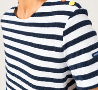 SAINT JAMES Short Sleeve Tee With Bouclé Stripes And Shoulder Buttons in white and marine - women's t-shirt - alternate view