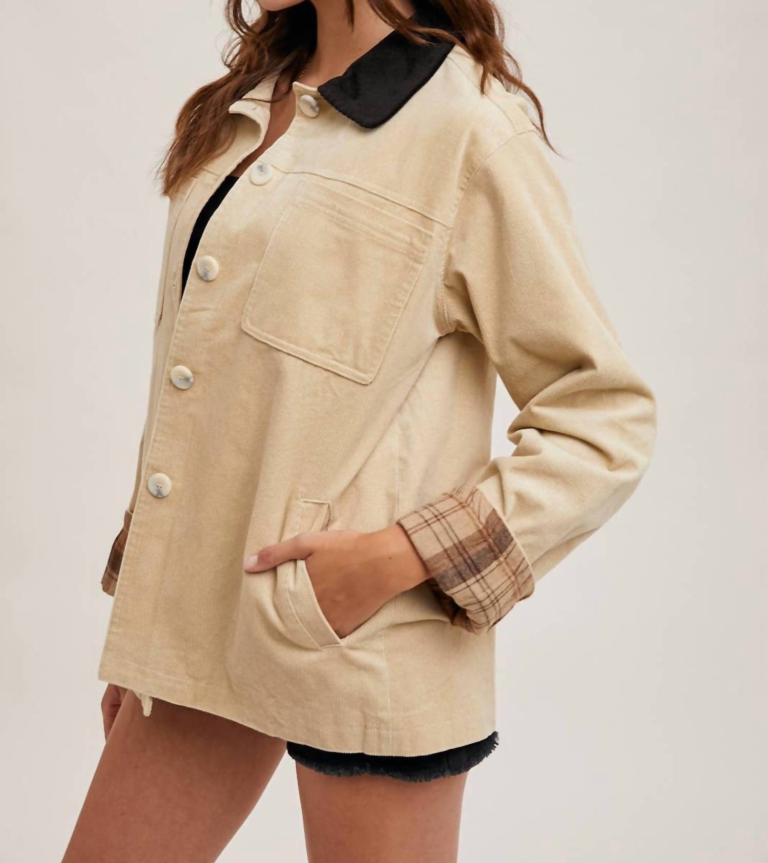 Bluivy - Inner Plaid Corduroy Button Down Barn Coat