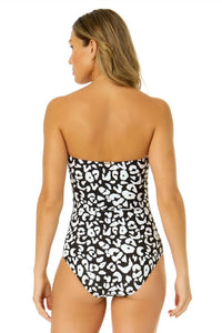 Anne Cole Wild Cat Twist Front Shirred One Piece Swimsuit in black white - women's swimwear - alternate view