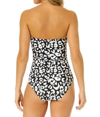 Anne Cole Wild Cat Twist Front Shirred One Piece Swimsuit in black white - women's swimwear - detail view