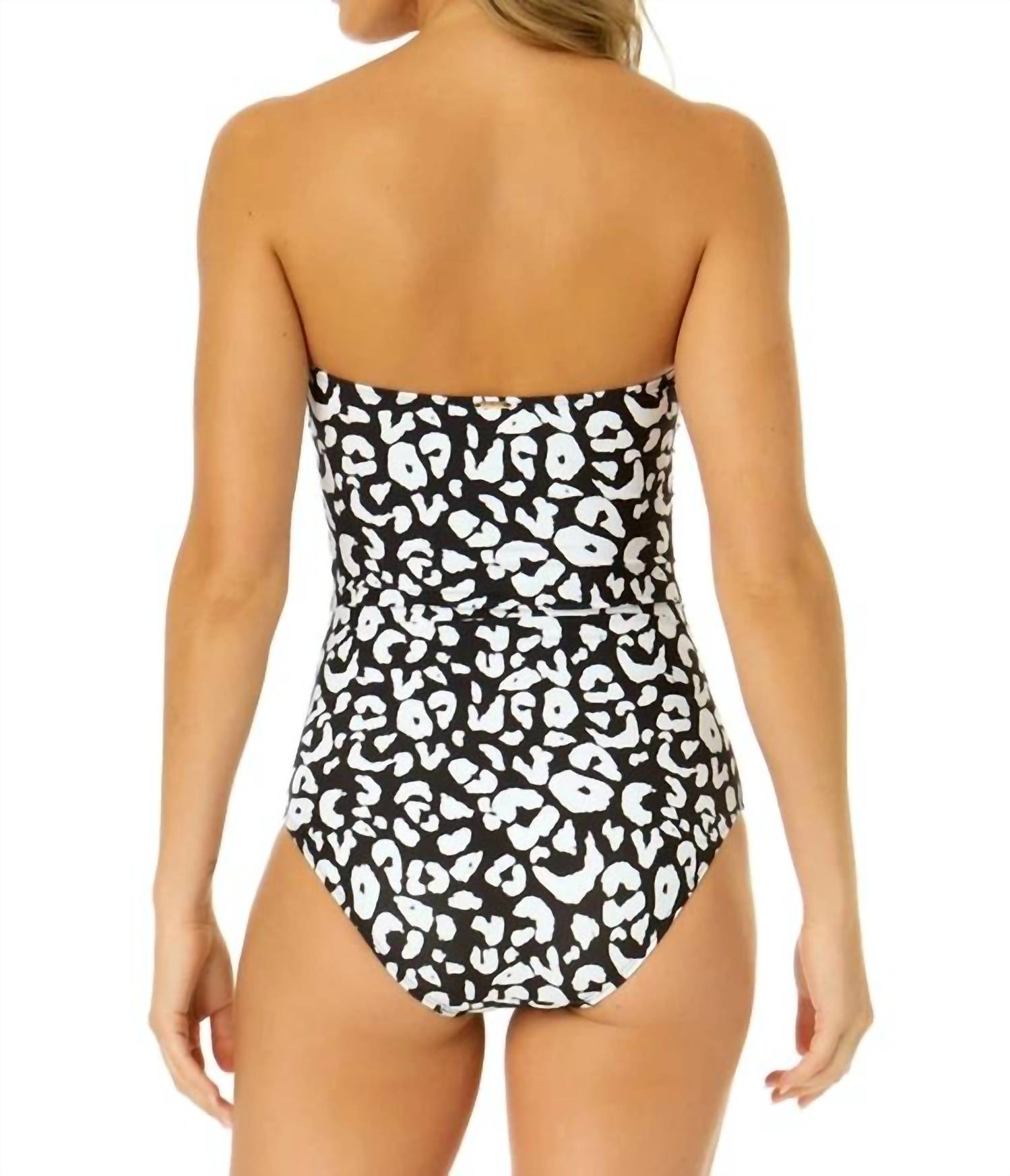 Anne Cole Wild Cat Twist Front Shirred One Piece Swimsuit in black white - women's swimwear - detail view