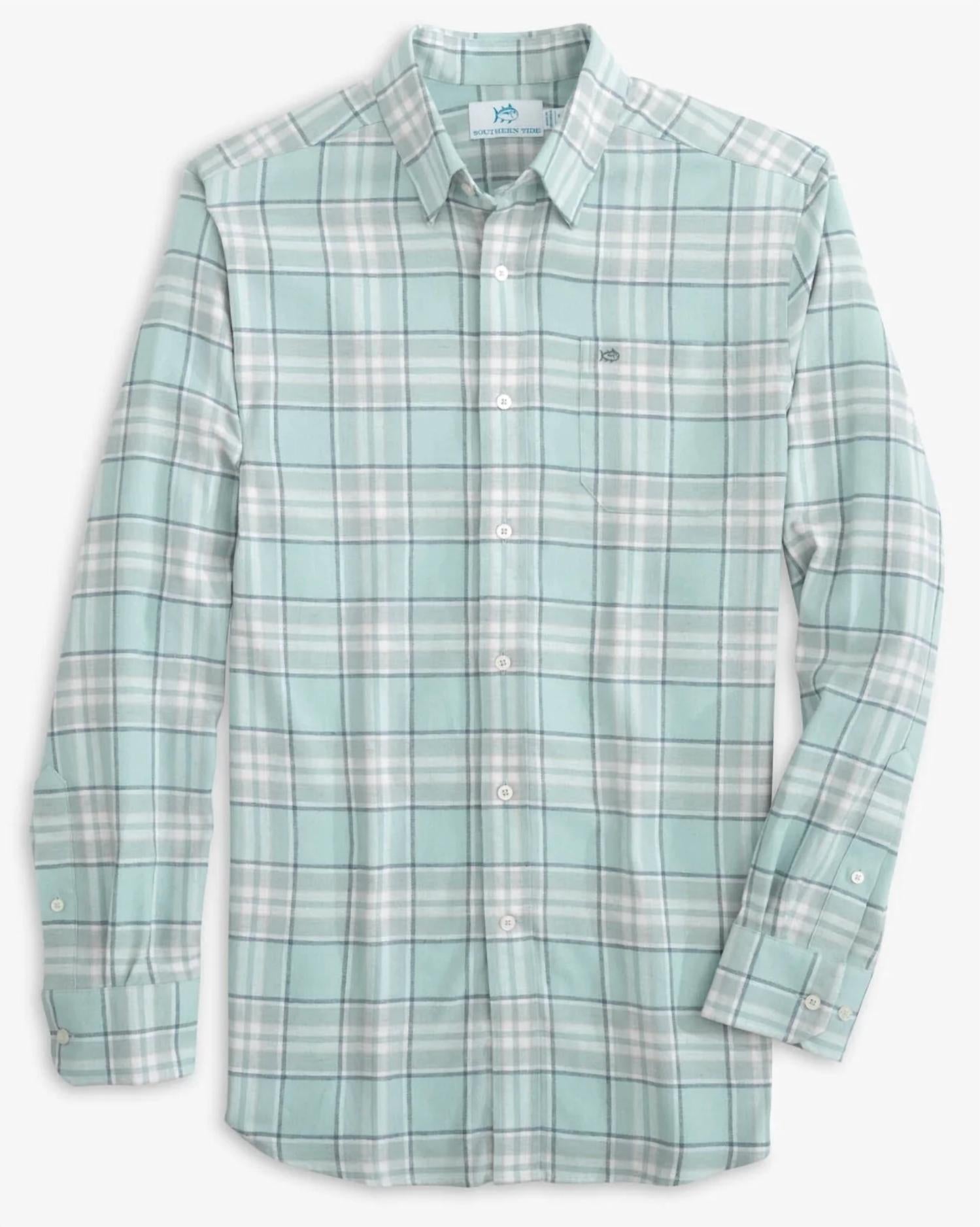SOUTHERN TIDE Men's Flannel Reddick Plaid Sportshirt in summer aqua - men's long sleeve top
