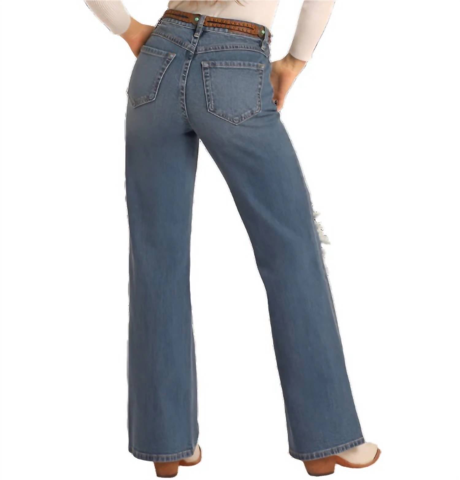 Rock & Roll Denim Vintage Distressed Relaxed Flare Jeans in blue - women's jeans - detail view