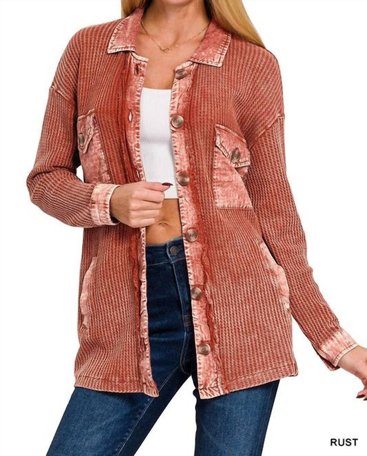 Zenana - Women's Tori Waffle Knit Acid Wash Shacket