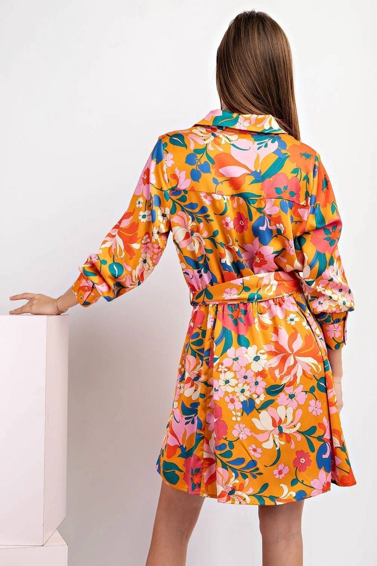 Kori - Silky Floral Print Belted Mini Dress
