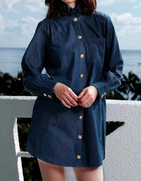 Dizzy-Lizzie - Denim Tunic Dress With Ruffle Neck And Side Pockets