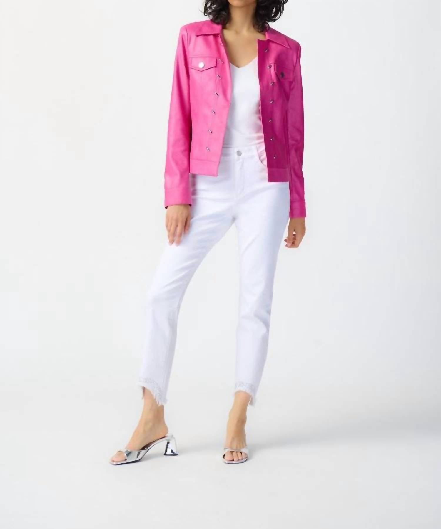 Joseph Ribkoff Faithy Foiled Suede Jacket in bright pink - women's jacket - view 5