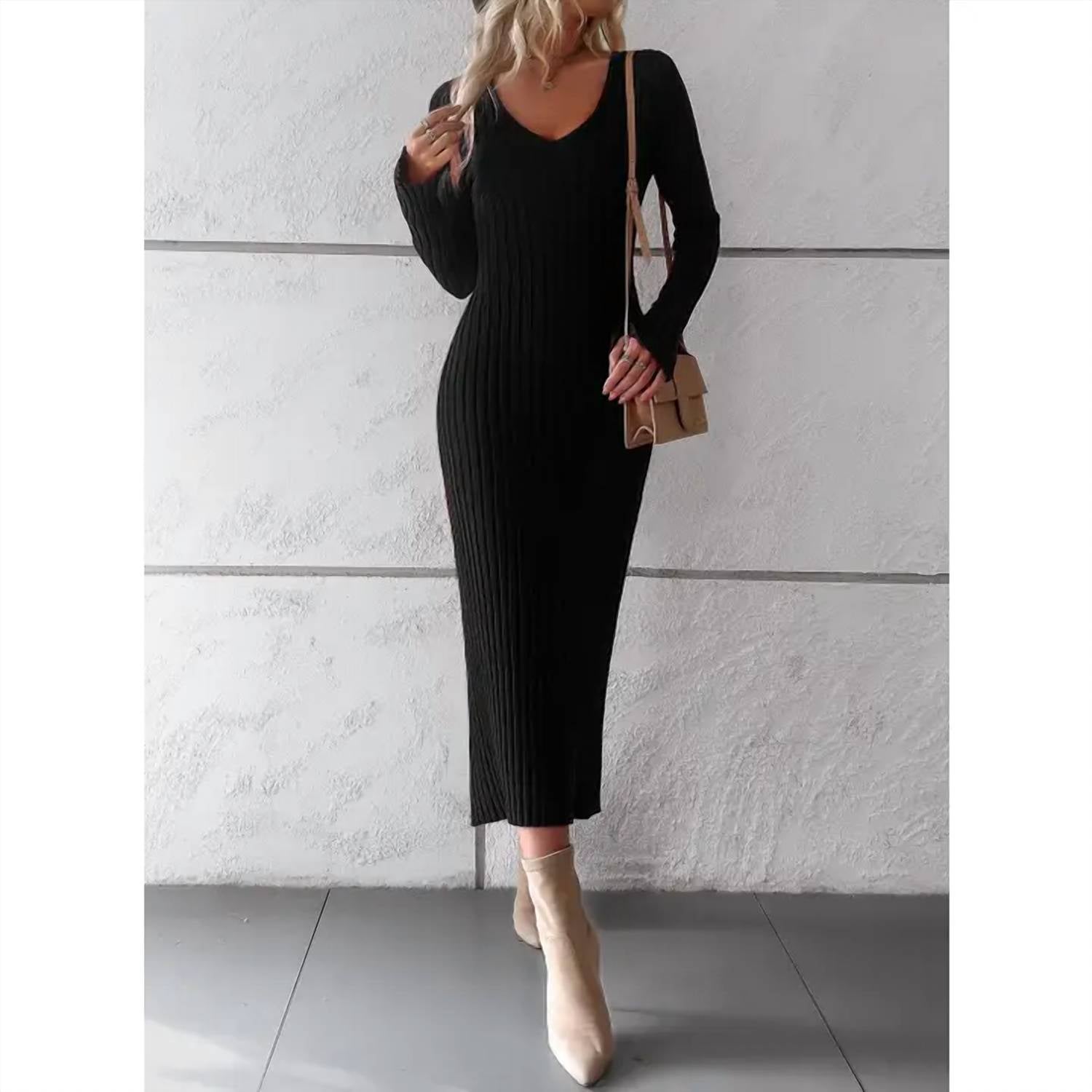Miss Sparkling - Ribbed Long Sleeve Midi Dress