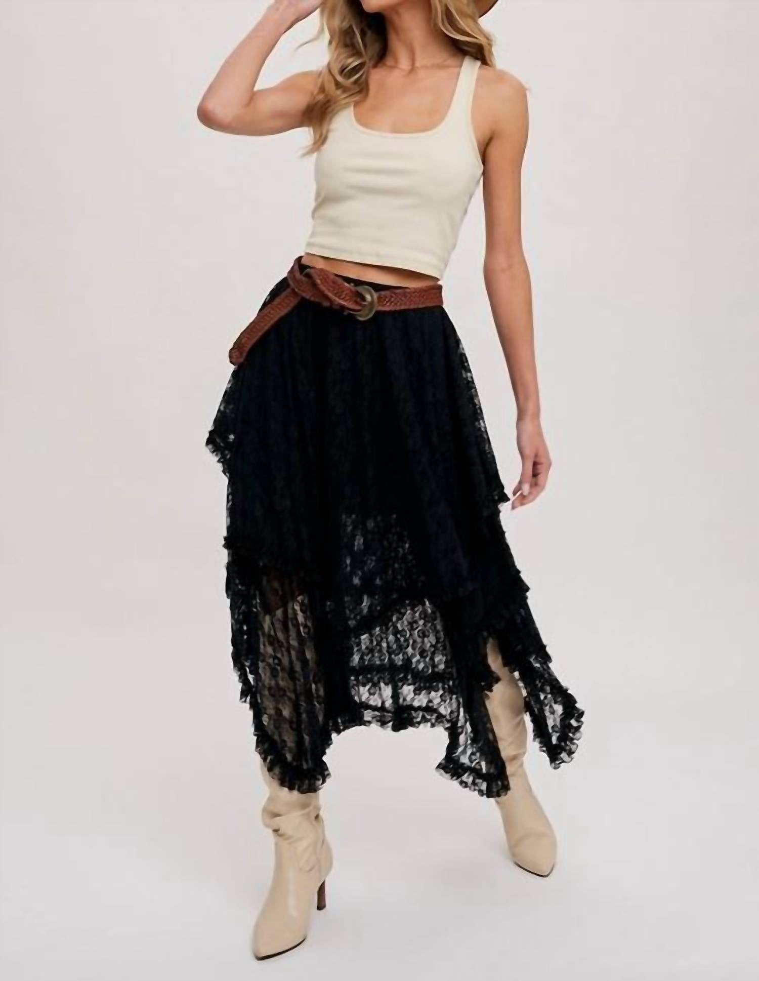 BluIvy Floral Lace Tiered Midi Skirt in black - women's skirt - view 4