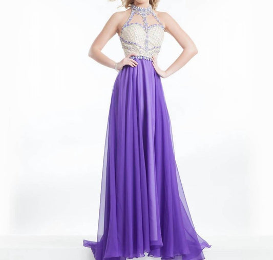 Rachel Allan - High Neck Sheer Beaded Chiffon Evening Gown