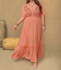 Classiqu Embroidered V-neck Maxi Dress - Plus in coral - women's dress - detail view