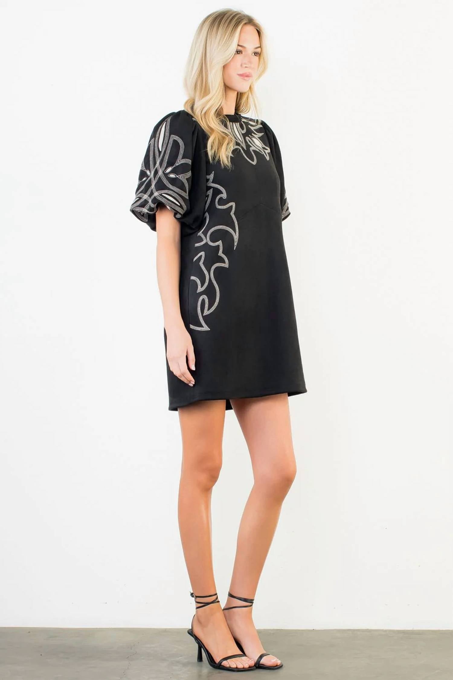 Thml - Puff Sleeve Embroidery Detail Suede Dress