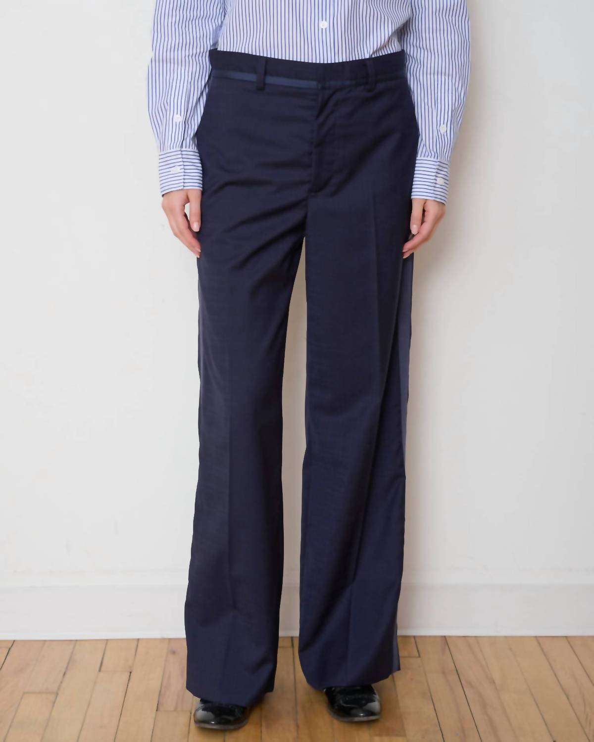 WE-AR4 Tuxedo Wide Leg Trouser in navy check - women's pants