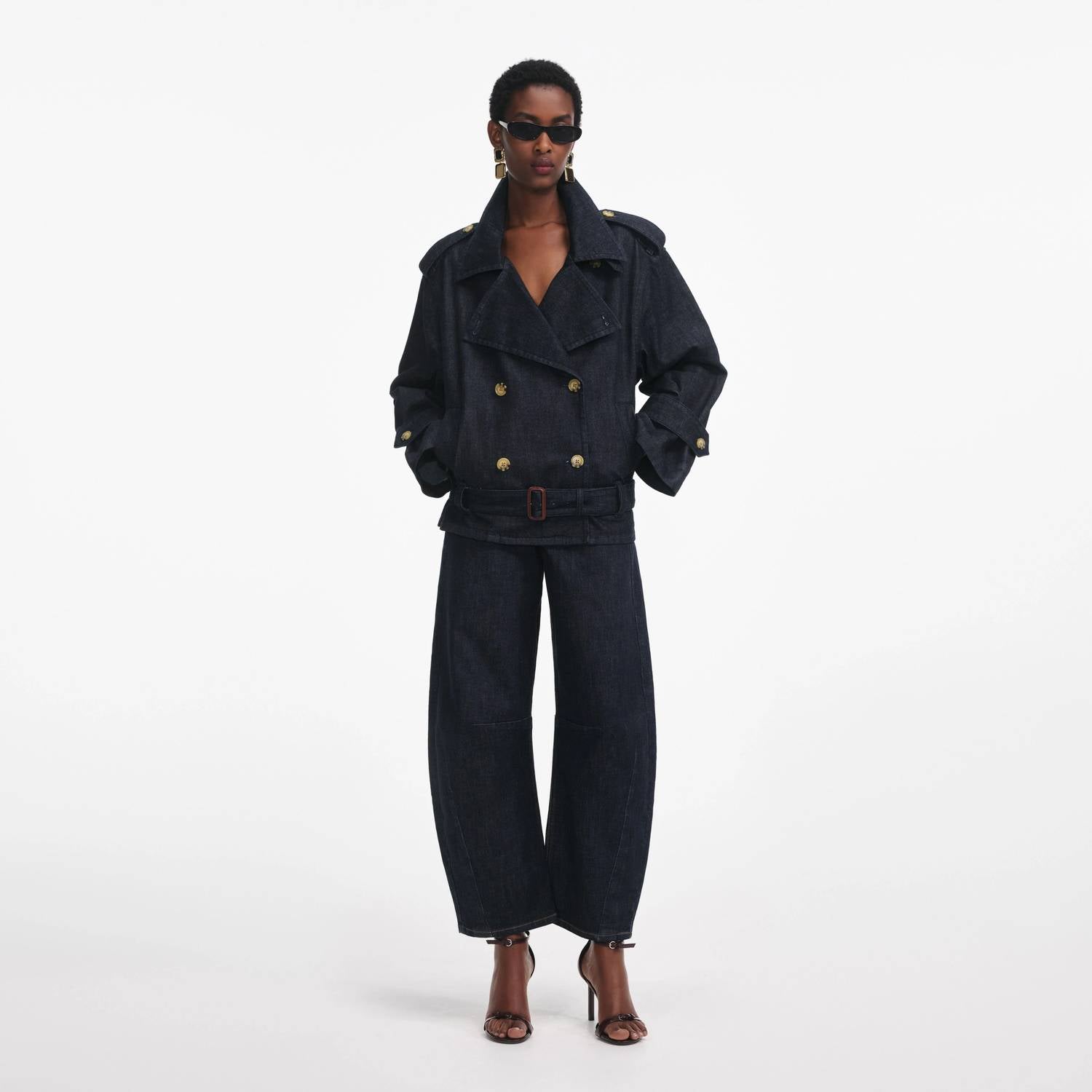 self-portrait Denim Trench Jacket in navy - women's jacket