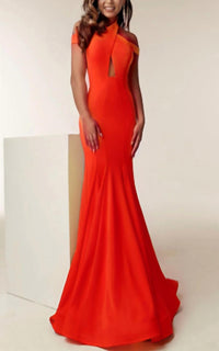 Jasz Couture - Crisscrossed Bodice High Neck Mermaid Gown