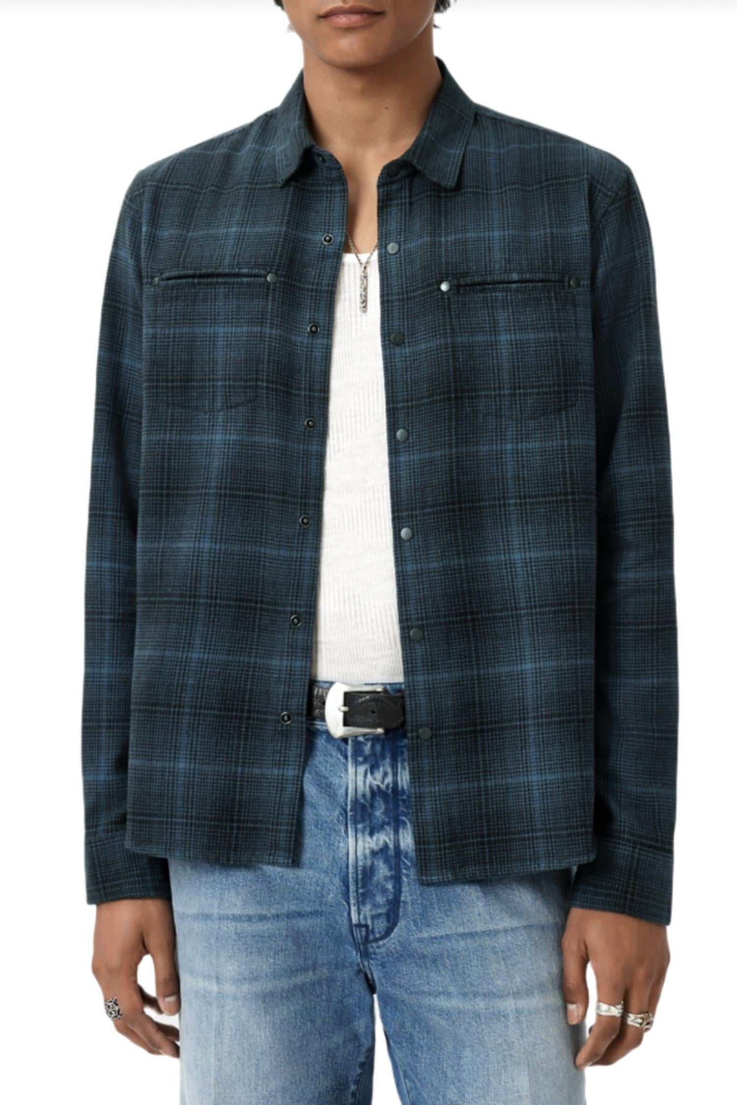 John Varvatos Dario Brushed Plaid Shirt in titanium blue - men's shirt