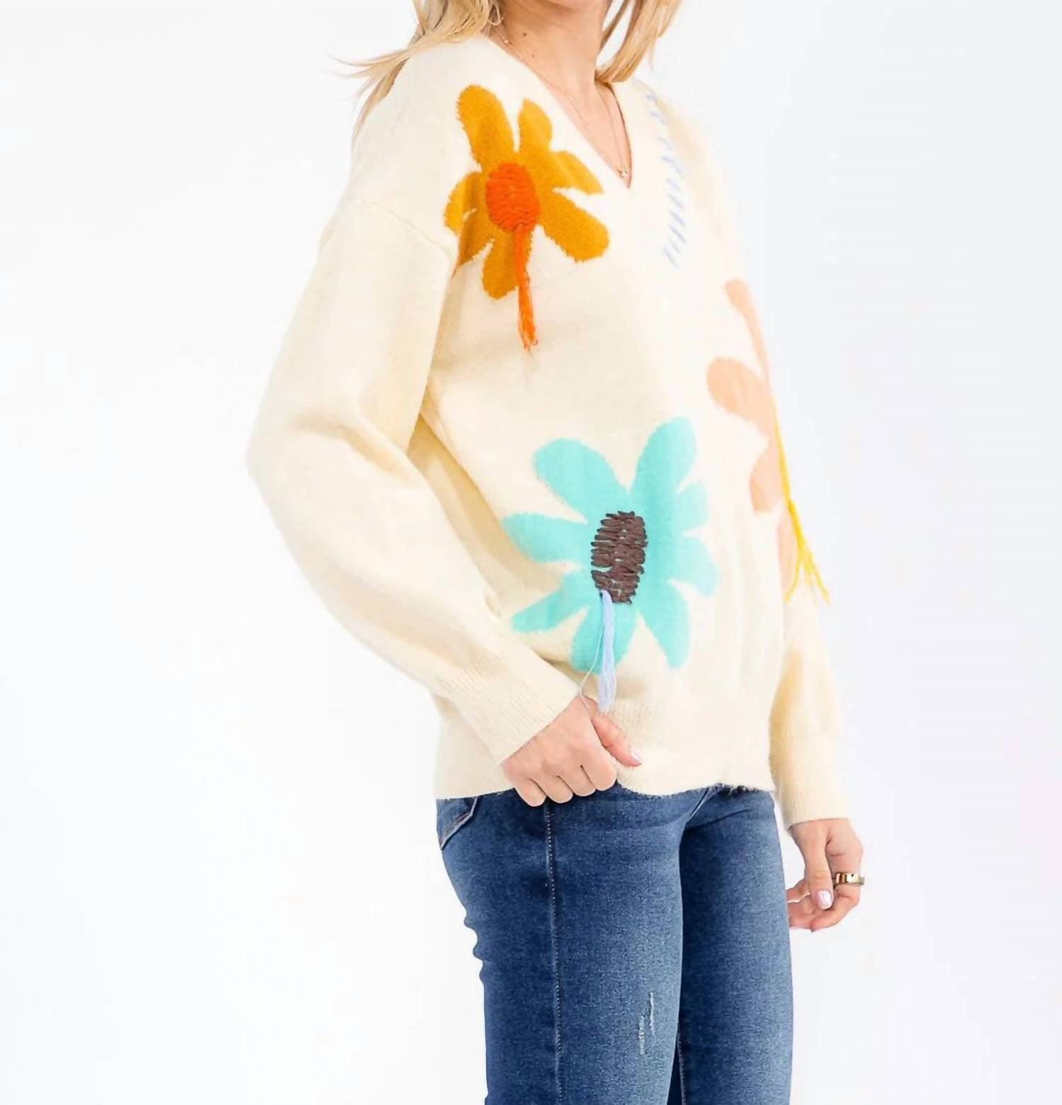 Little Secret Of Mine - Long Sleeve Elegant V-neck Floral Sweater