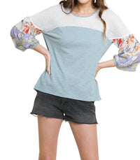 Umgee - Floral Mixed Print Puff Sleeve Knit Top