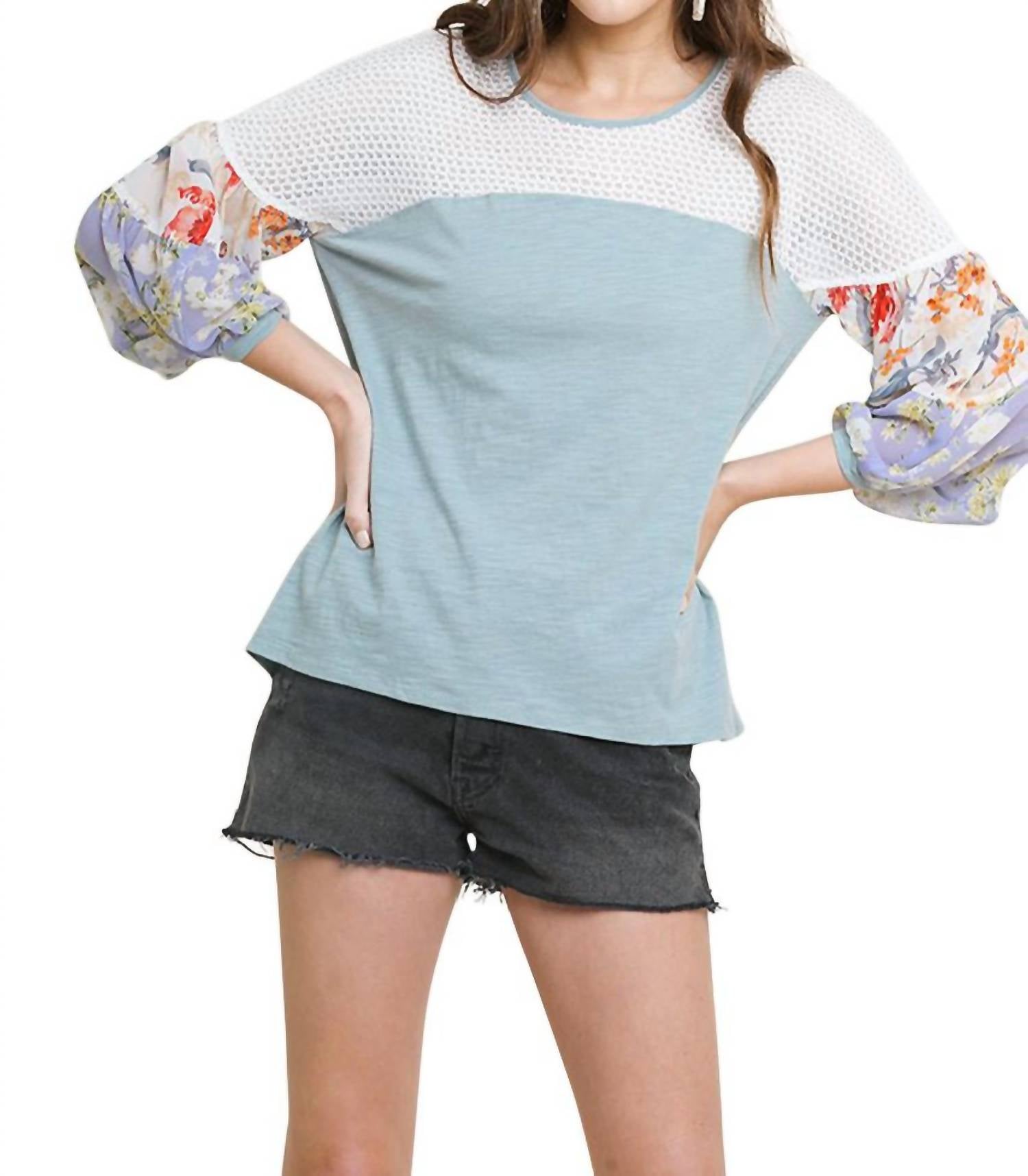 Umgee - Floral Mixed Print Puff Sleeve Knit Top