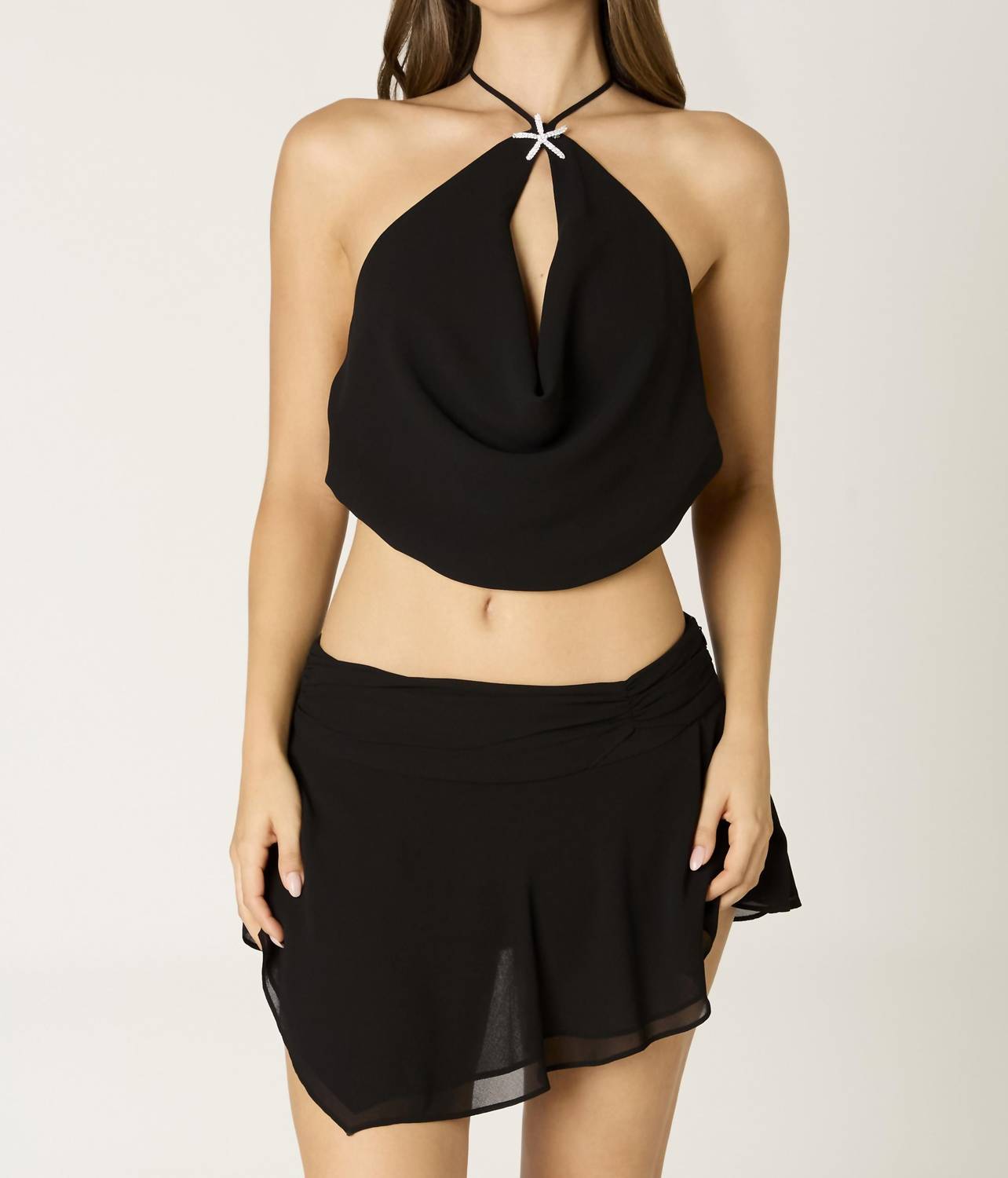 Cotton Candy LA Celeste Crystal Star Halter Crop Top in black - women's shirt