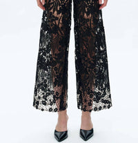 Bayeas Lesley High Rise Lace Wide Leg Jeans With Rhinestones in black - women's pants