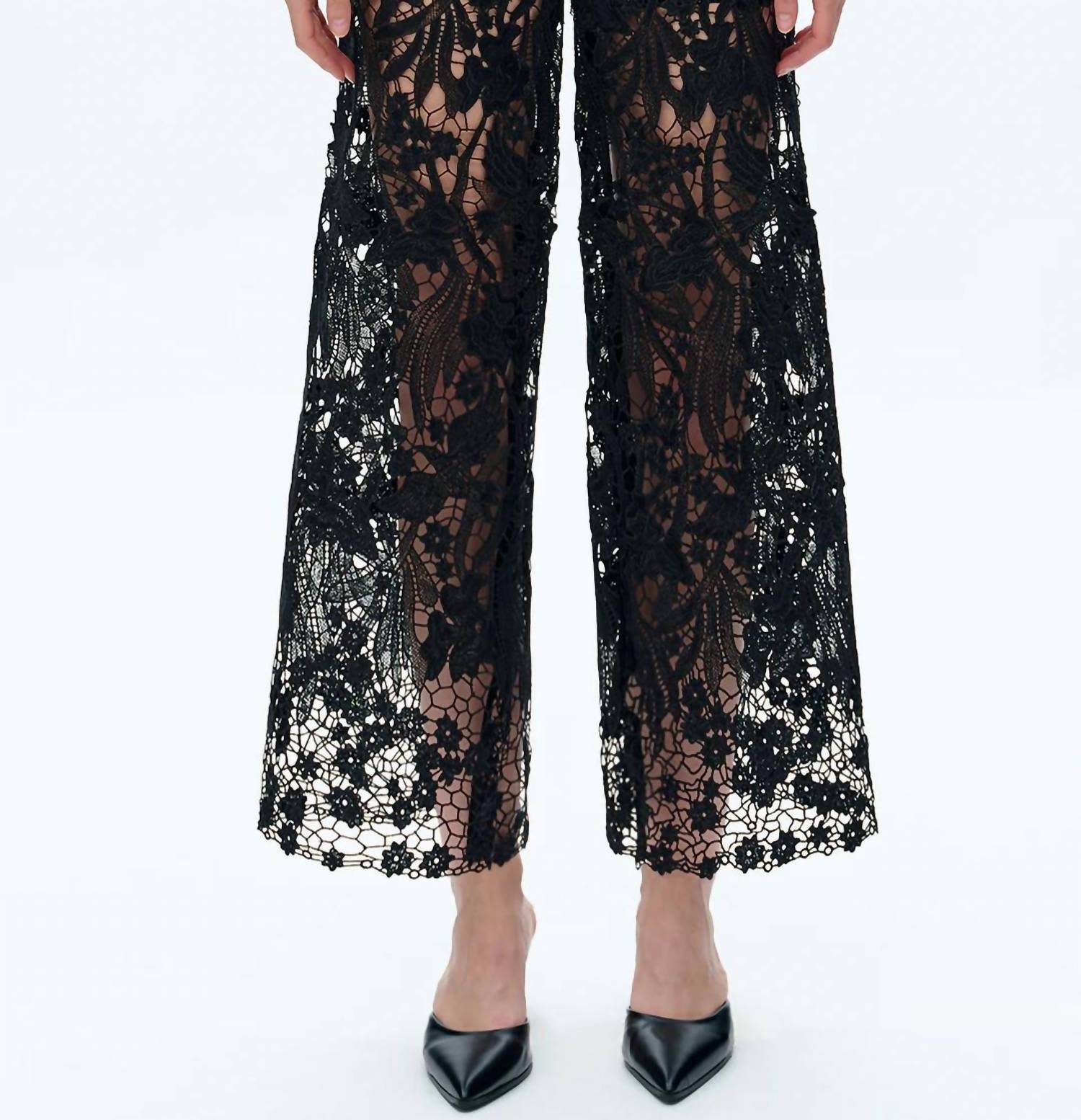 Bayeas Lesley High Rise Lace Wide Leg Jeans With Rhinestones in black - women's pants