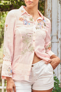 PAPARAZZI Embroidered Blouse With Wide Split Cuff in pink - women's blouse
