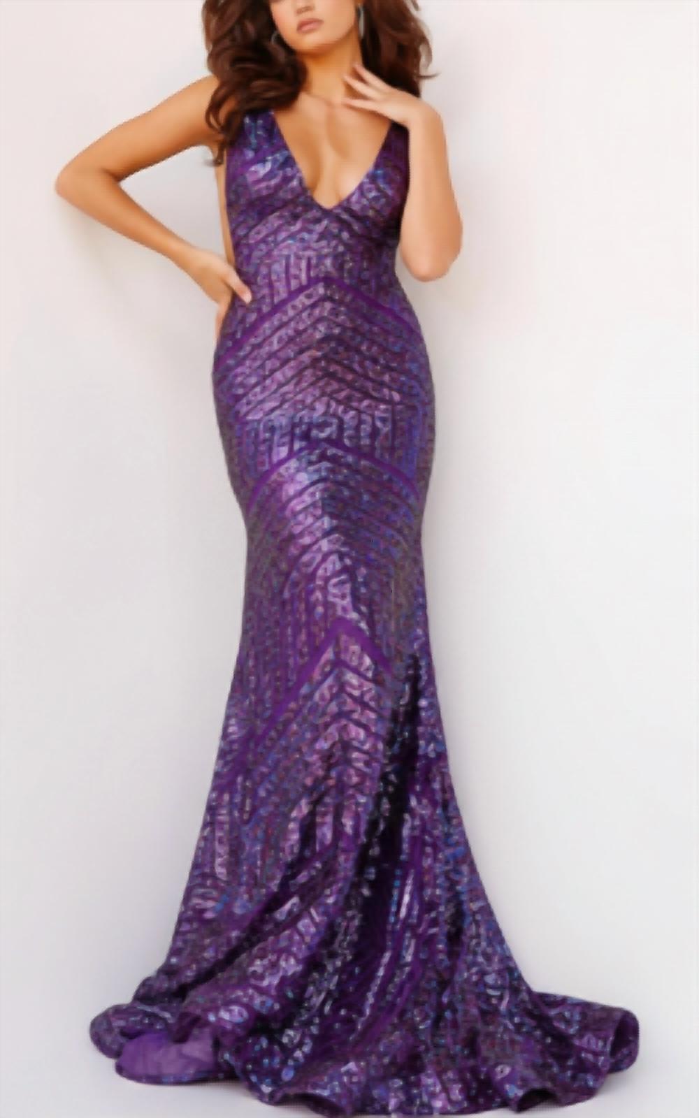 JOVANI Low V Neck Sequin Sheath Dress in iridescent purple - women's dress