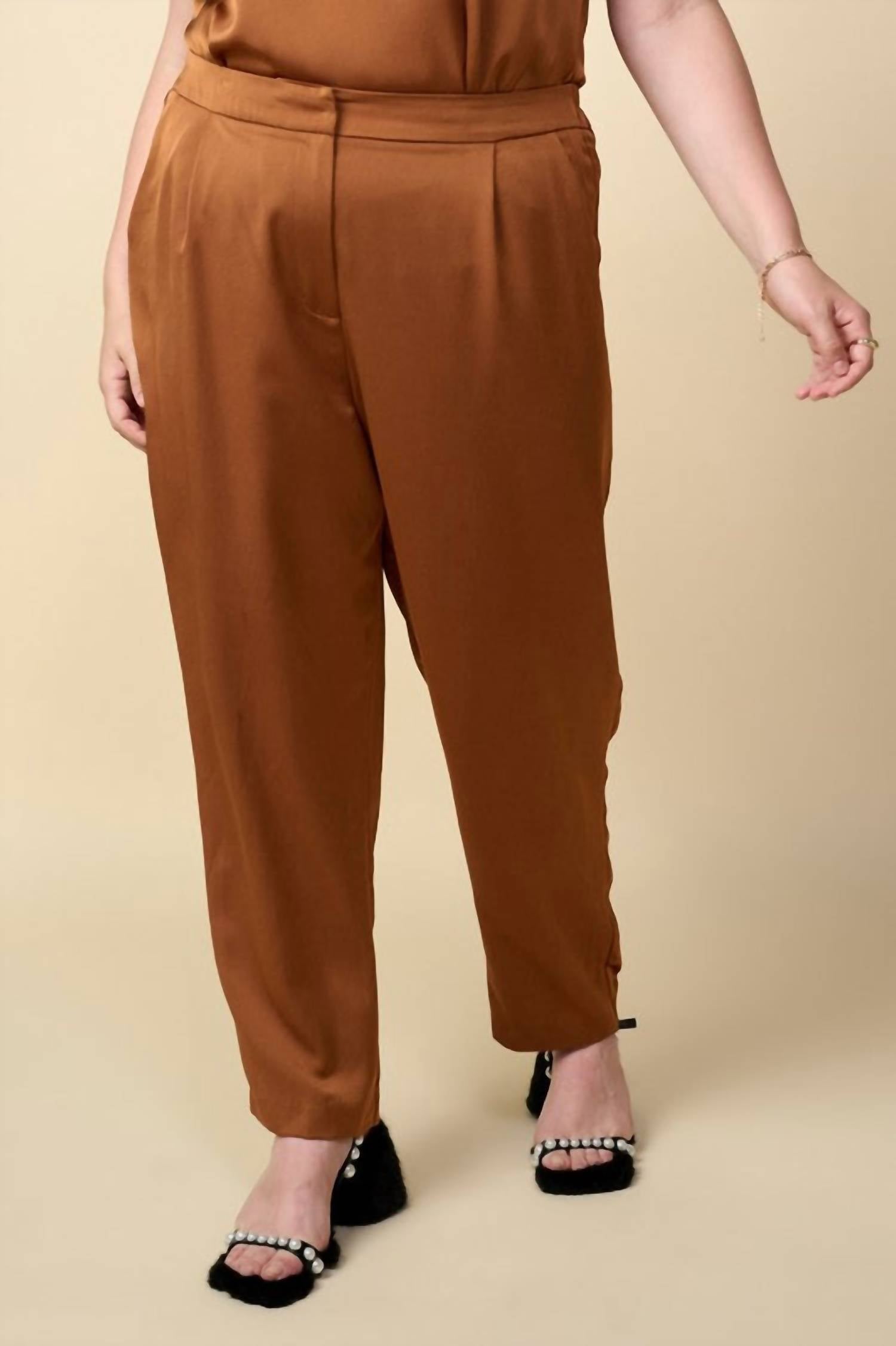 SKIES ARE BLUE Sophisticated Moves Curvy Satin Trousers in toffee - women's pants - detail view