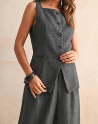 Miou Muse - Herringbone Square Neck Button Front Vest