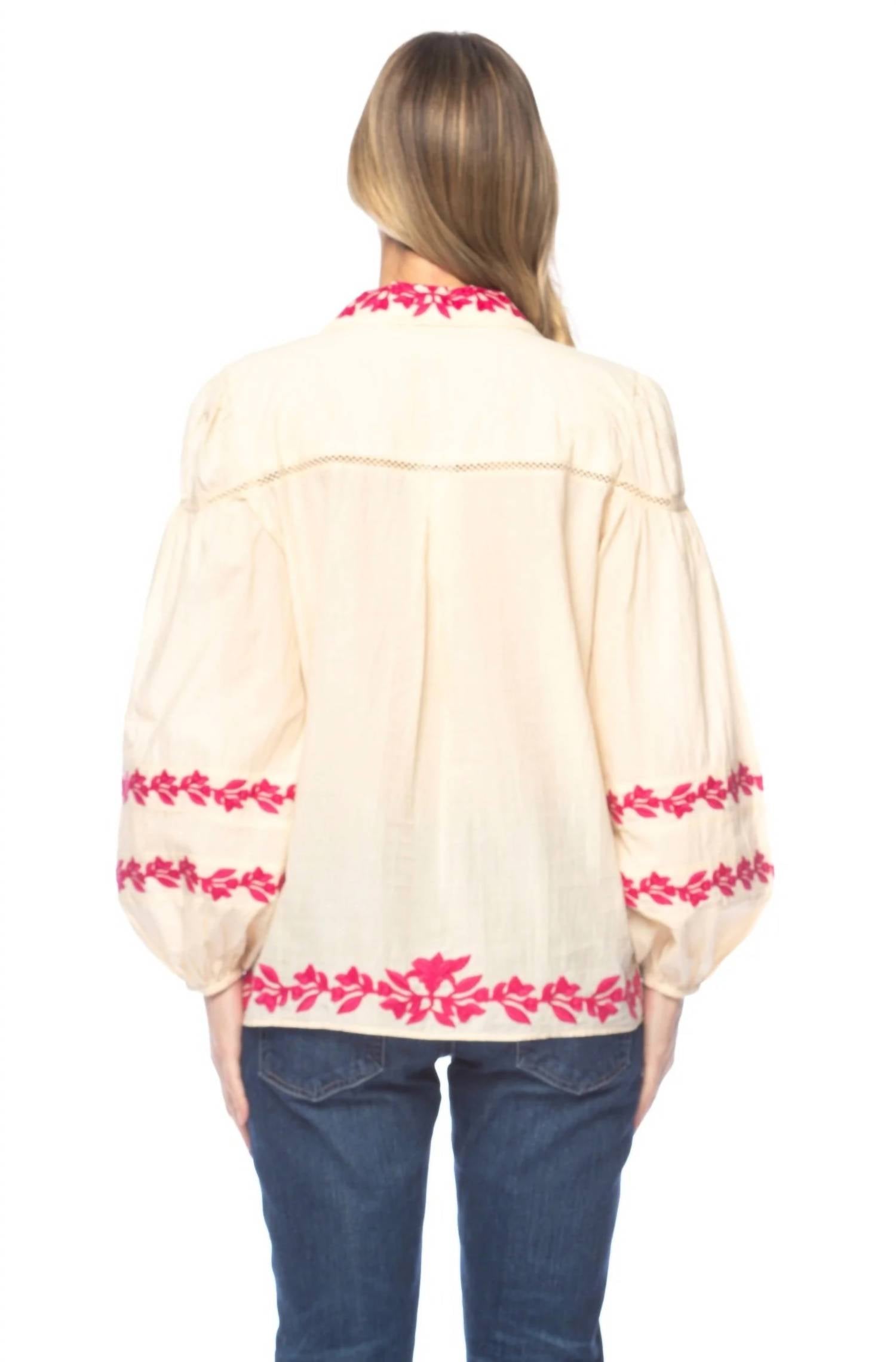 Tolani Darina Embroidered Top in beige - women's long sleeve top - detail view