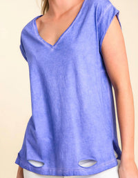 Umgee - Garment Dyed Short Sleeve V-neck Top With Hole Cutouts