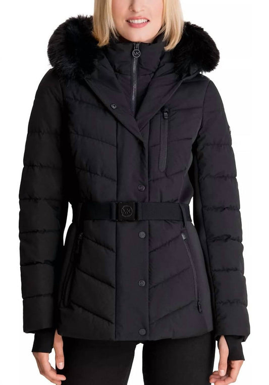 Michael Kors - Scuba Quilted Belted Coat Jacket with Fur Hood