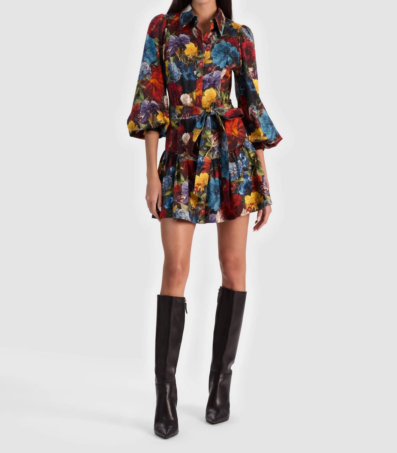 alice + olivia Lily Mini Shirt Dress in flourish sm - women's dress - detail view