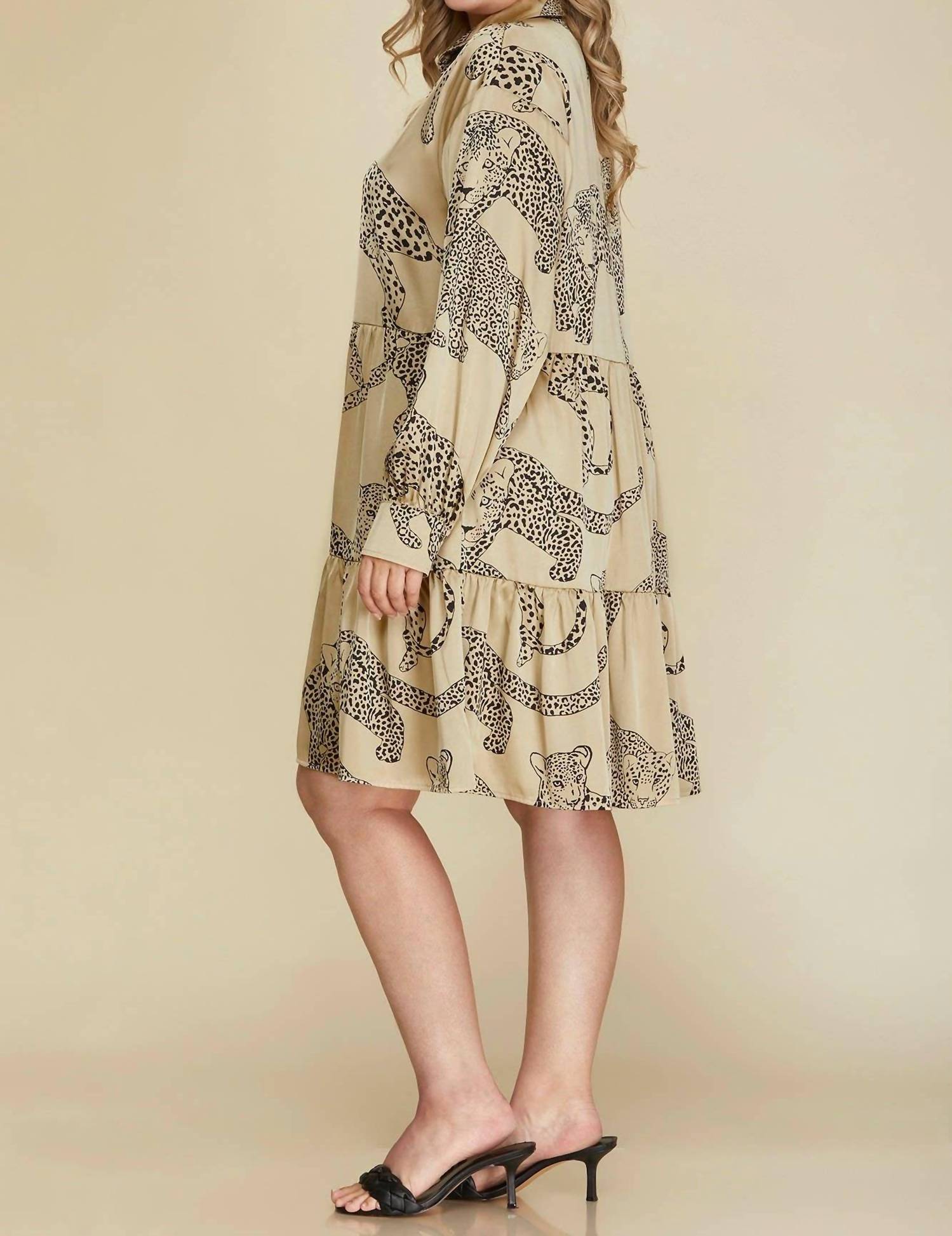 Vanilla Monkey - Woven Cheetah Print Collared Tiered Dress - Plus