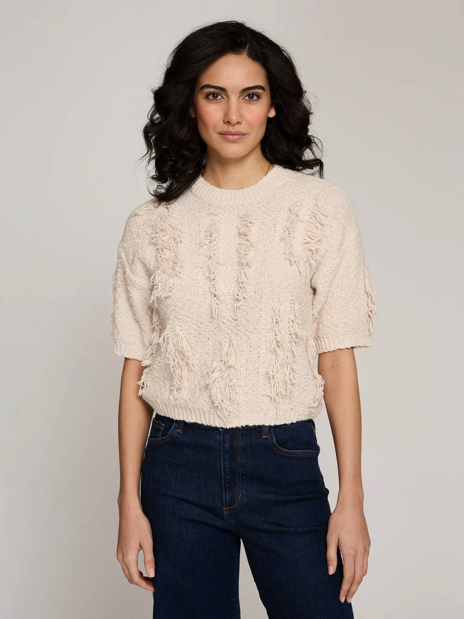 Autumn Cashmere - Short Sleeve Fringe Crewneck Sweater