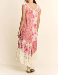 Davi & Dani - Women's Print Flower Patchwork Lace Tiered Dress