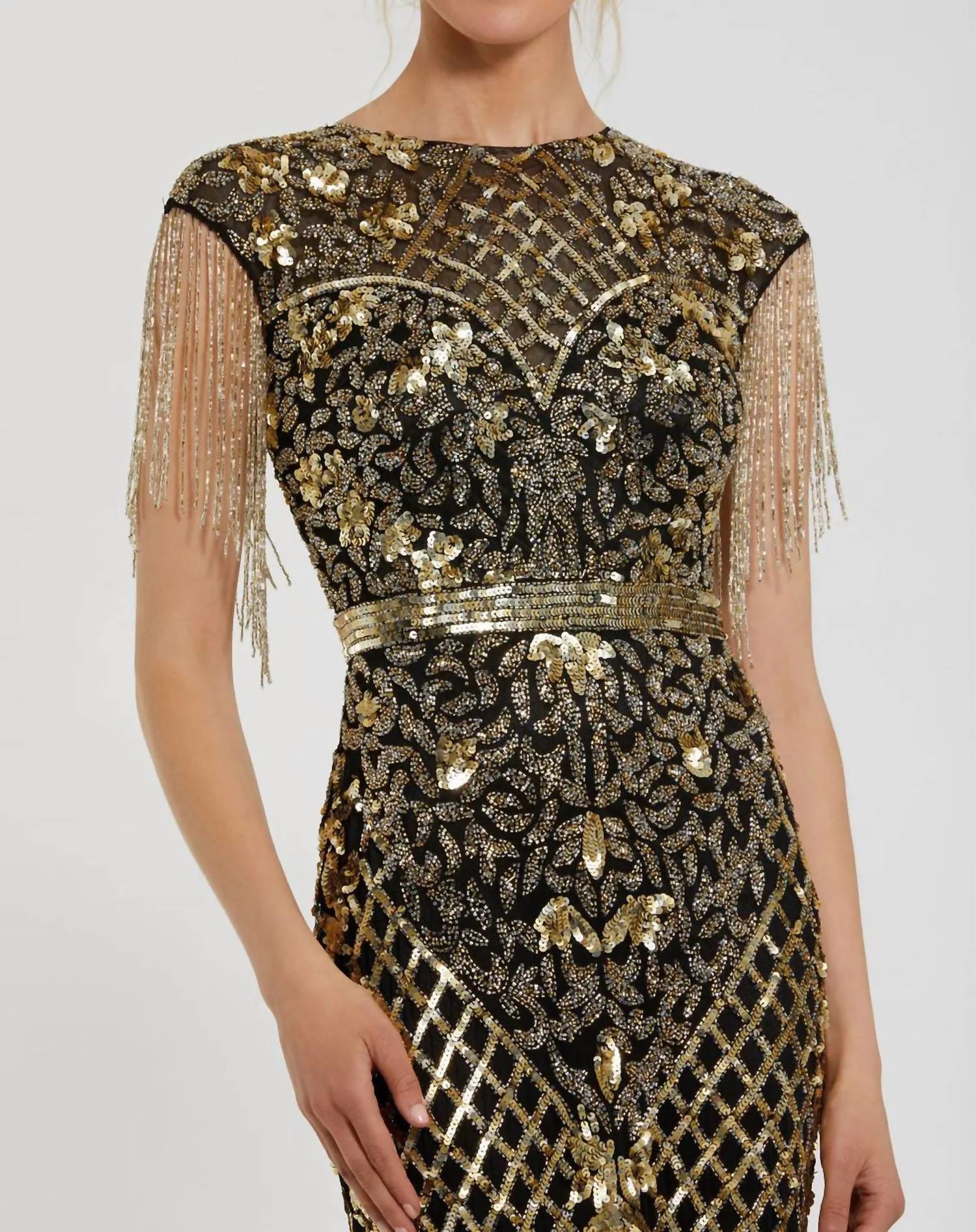 Mac Duggal - High Neck Beaded Fringe Fitted Gown