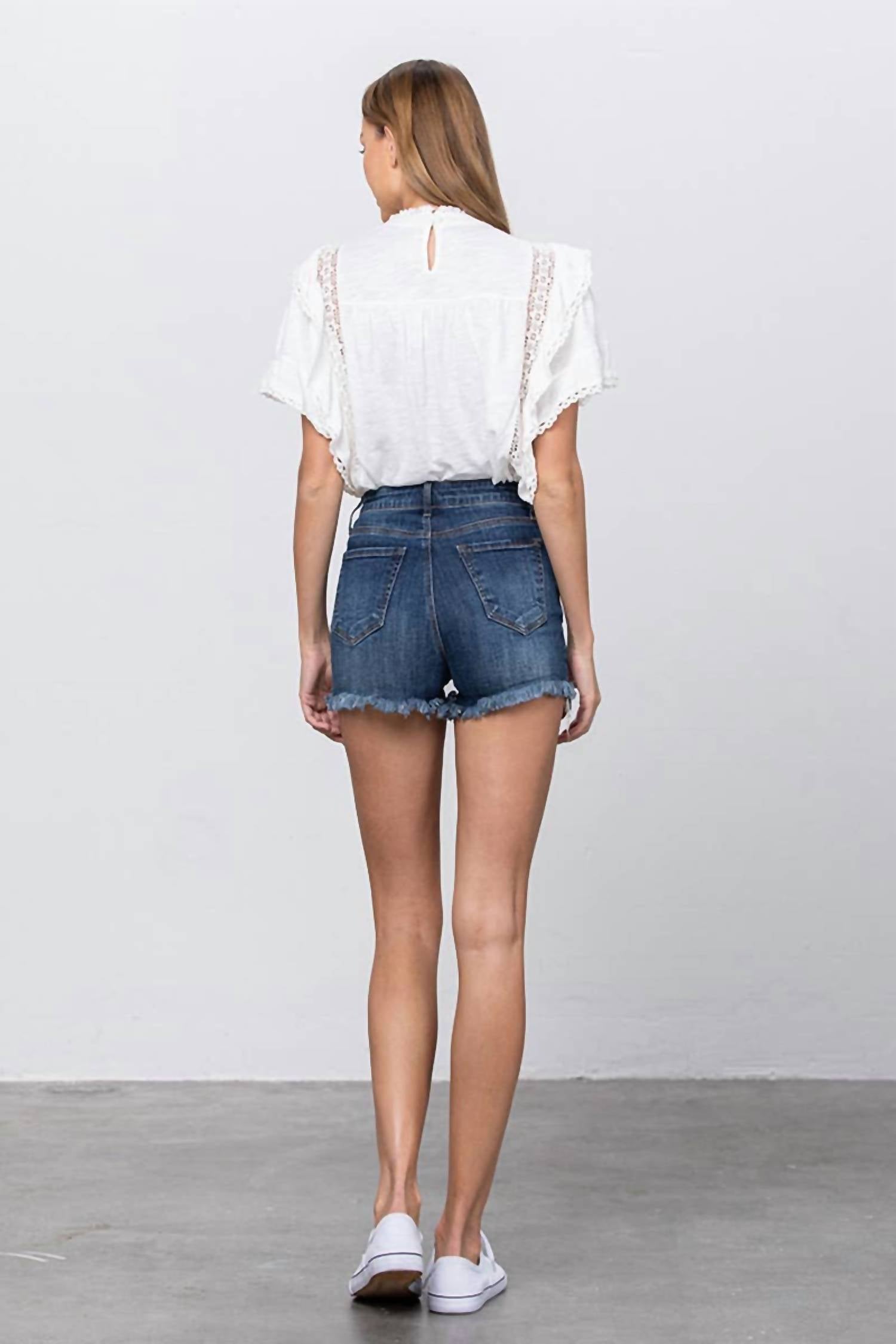 Insane Gene - High Rise Stretch Frayed Hem Lace Line Trim Shorts