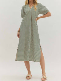 entro Seersucker Midi Dress in green white - women's dress