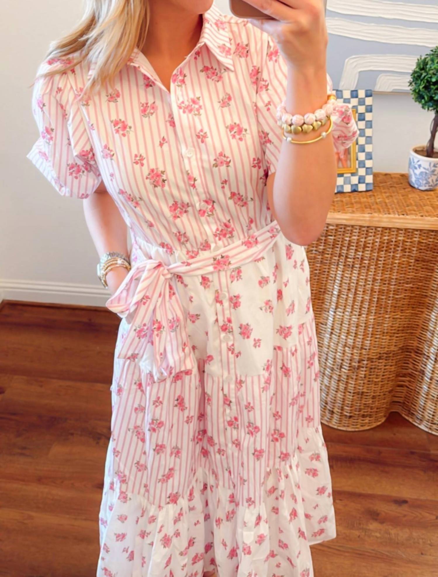 Peach Love - Bunches Of Flowers Block Print Midi Dress