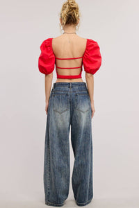 Mimosa Stonewash Wide Leg Baggy Denim Jeans in smoky blue - women's jeans - detail view