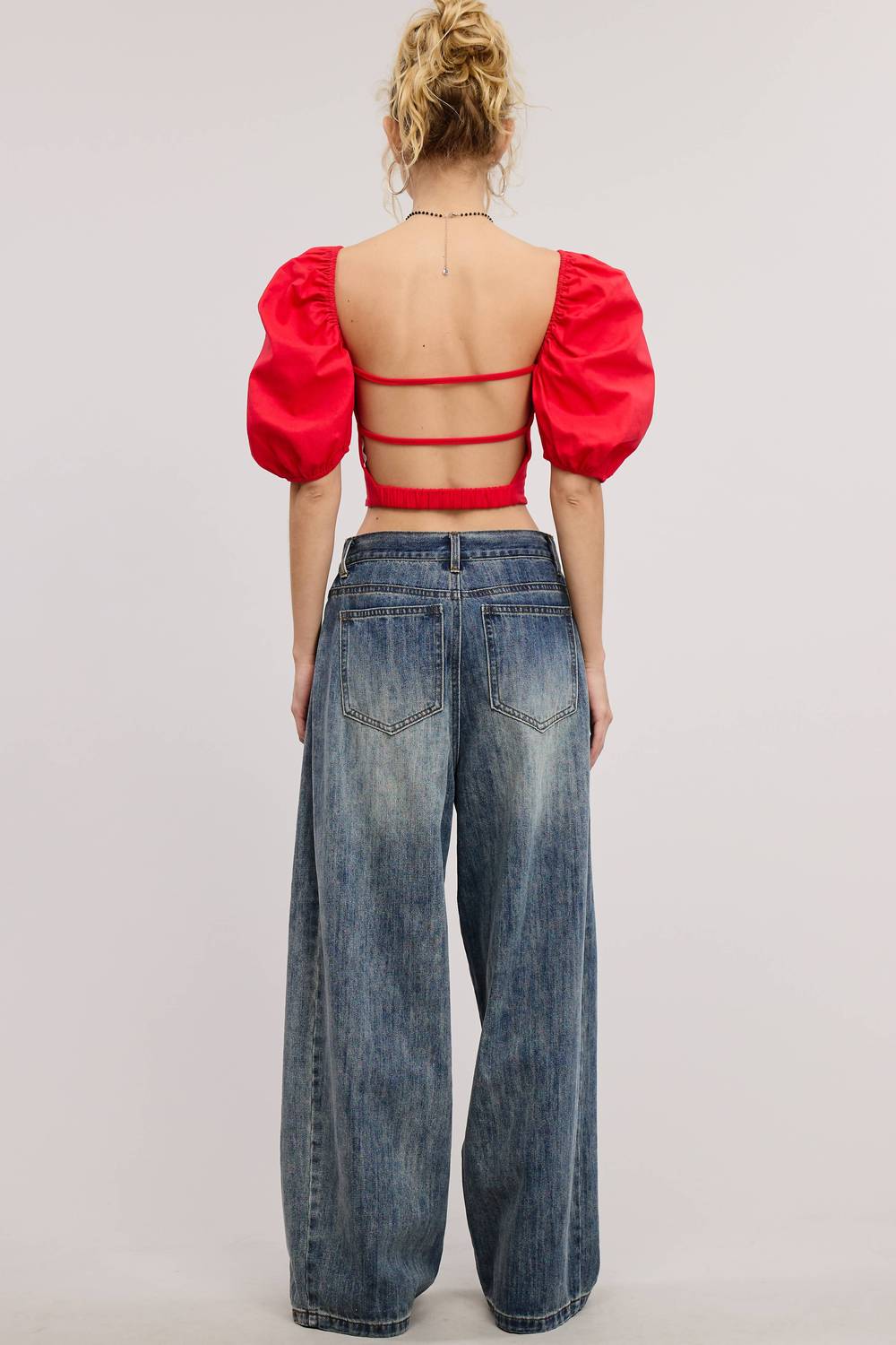Mimosa Stonewash Wide Leg Baggy Denim Jeans in smoky blue - women's jeans - detail view