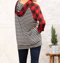 Grateful Hearts - Buffalo Plaid With Charcoal Stripe Hoodie Top