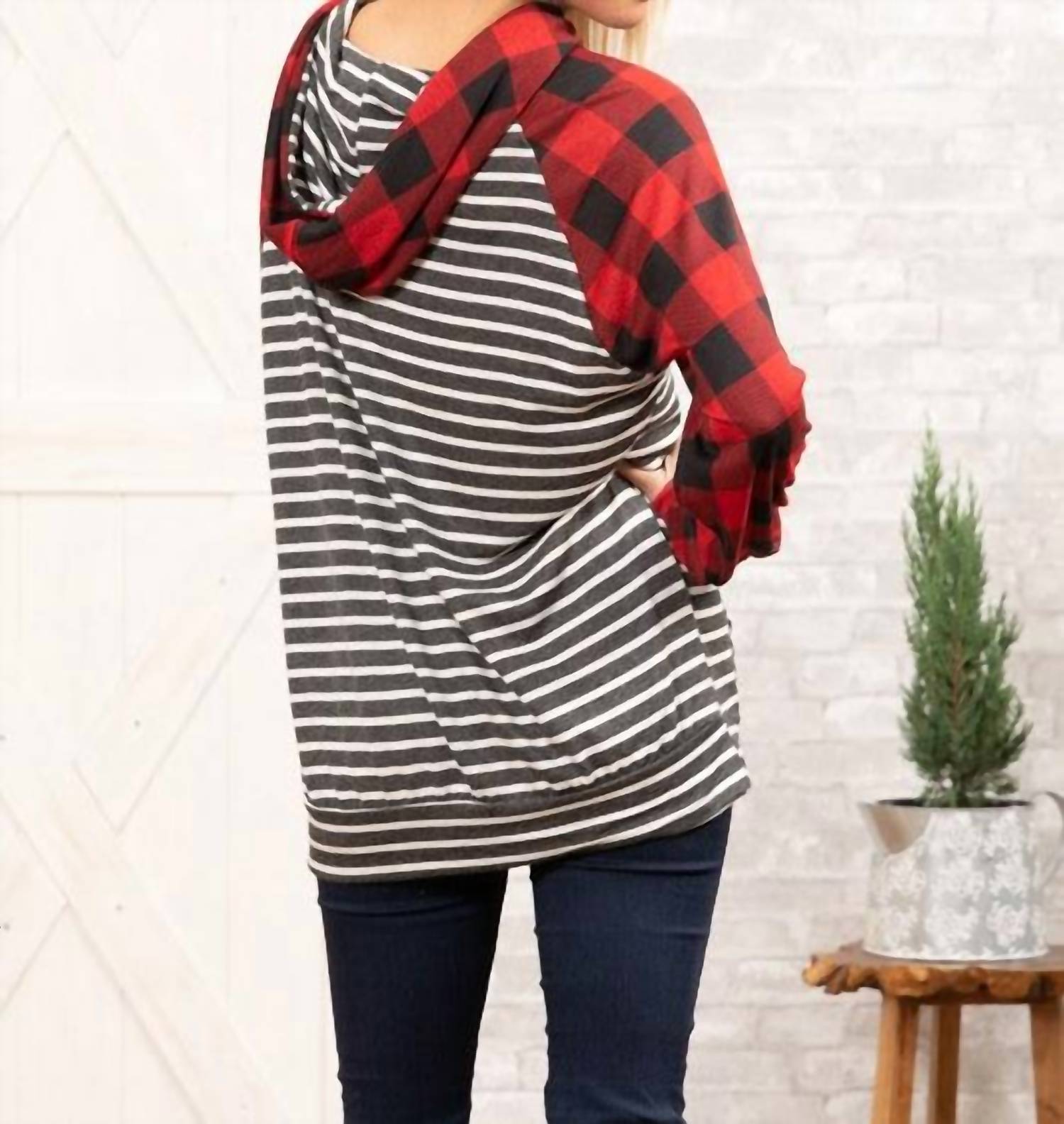 Grateful Hearts - Buffalo Plaid With Charcoal Stripe Hoodie Top