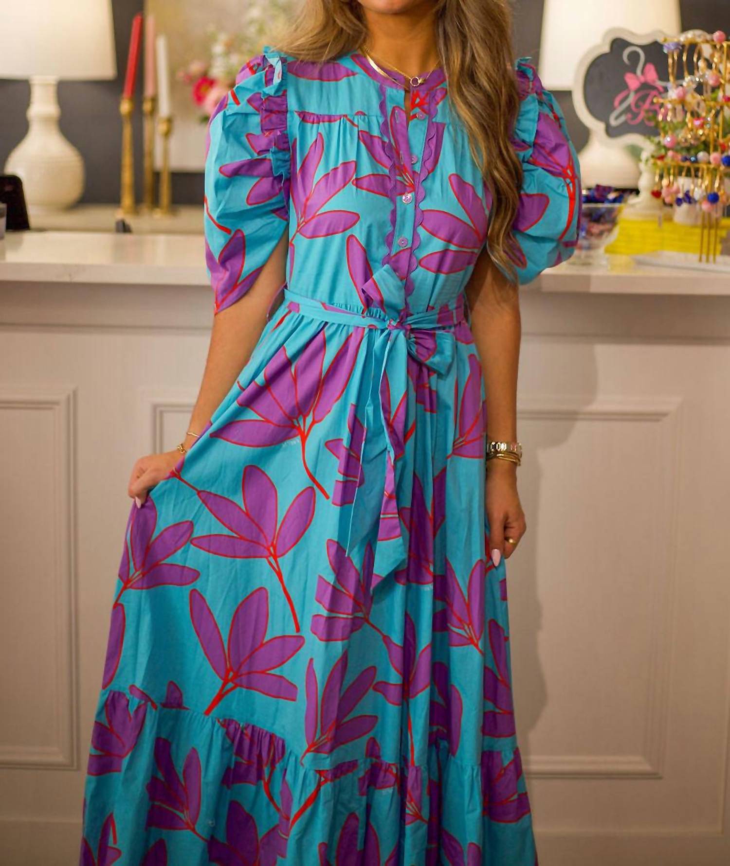 Karlie - Palm Leaf Tier Button Tie Maxi Dress  Snagged & Bagged