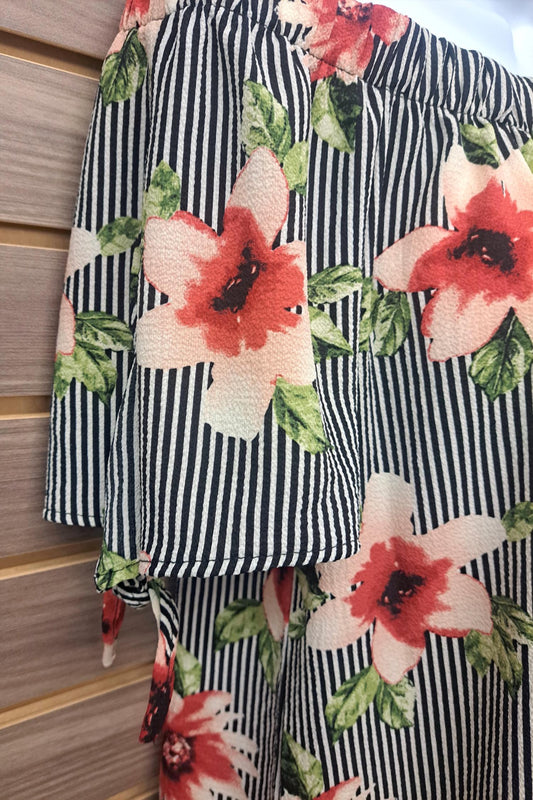 Jodifl - Women's Floral Stripe Off Shoulder Tie Sleeve